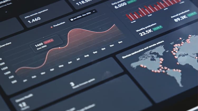 Un panel de gestión de flota en pantalla, con gráficos de producción, recuentos de trabajos y un mapamundi con la ubicación de los equipos desplegados