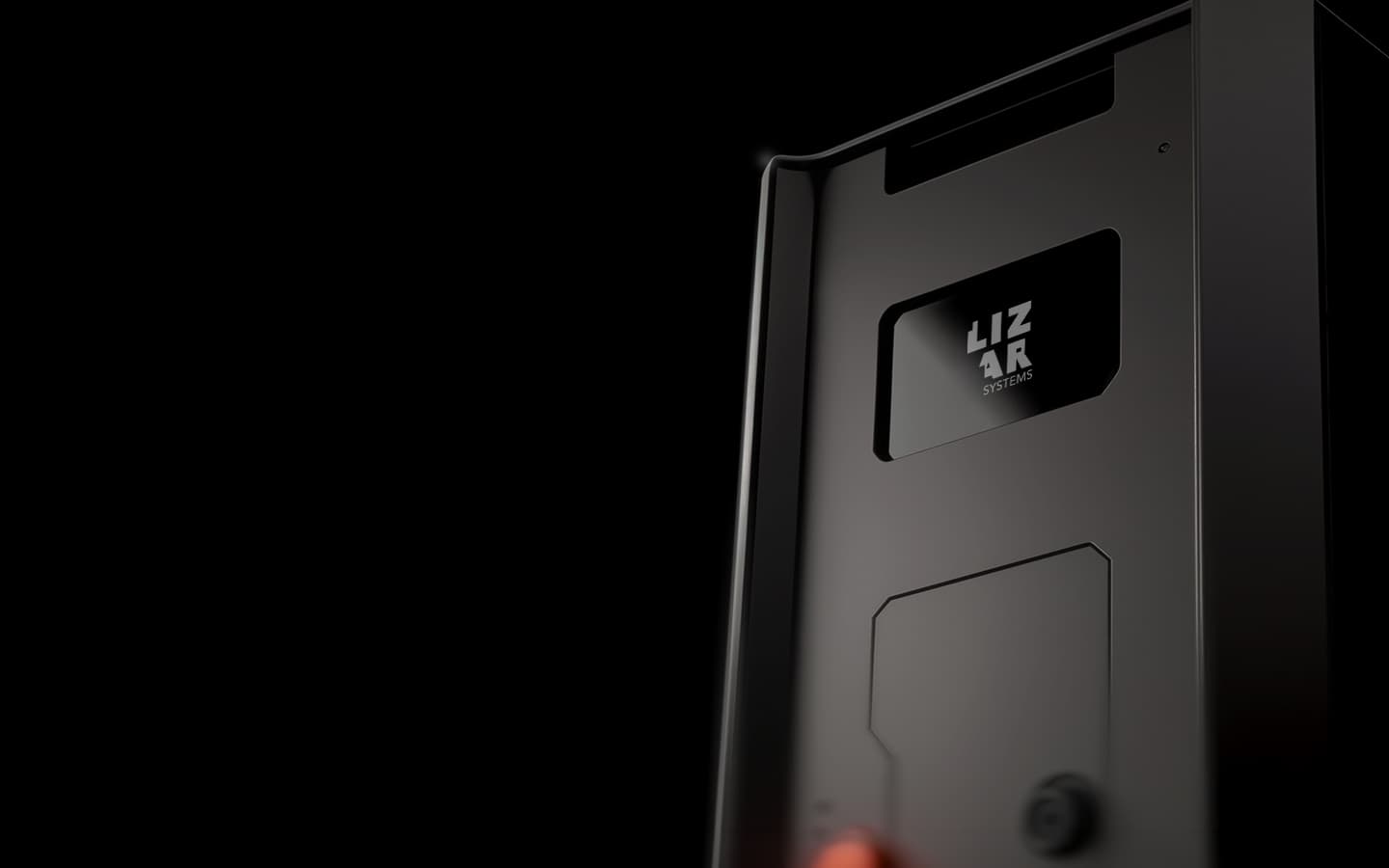 Render de estudio en primer plano de una unidad de personalización LIZAR, con el emblema LIZAR Systems iluminado sobre fondo negro